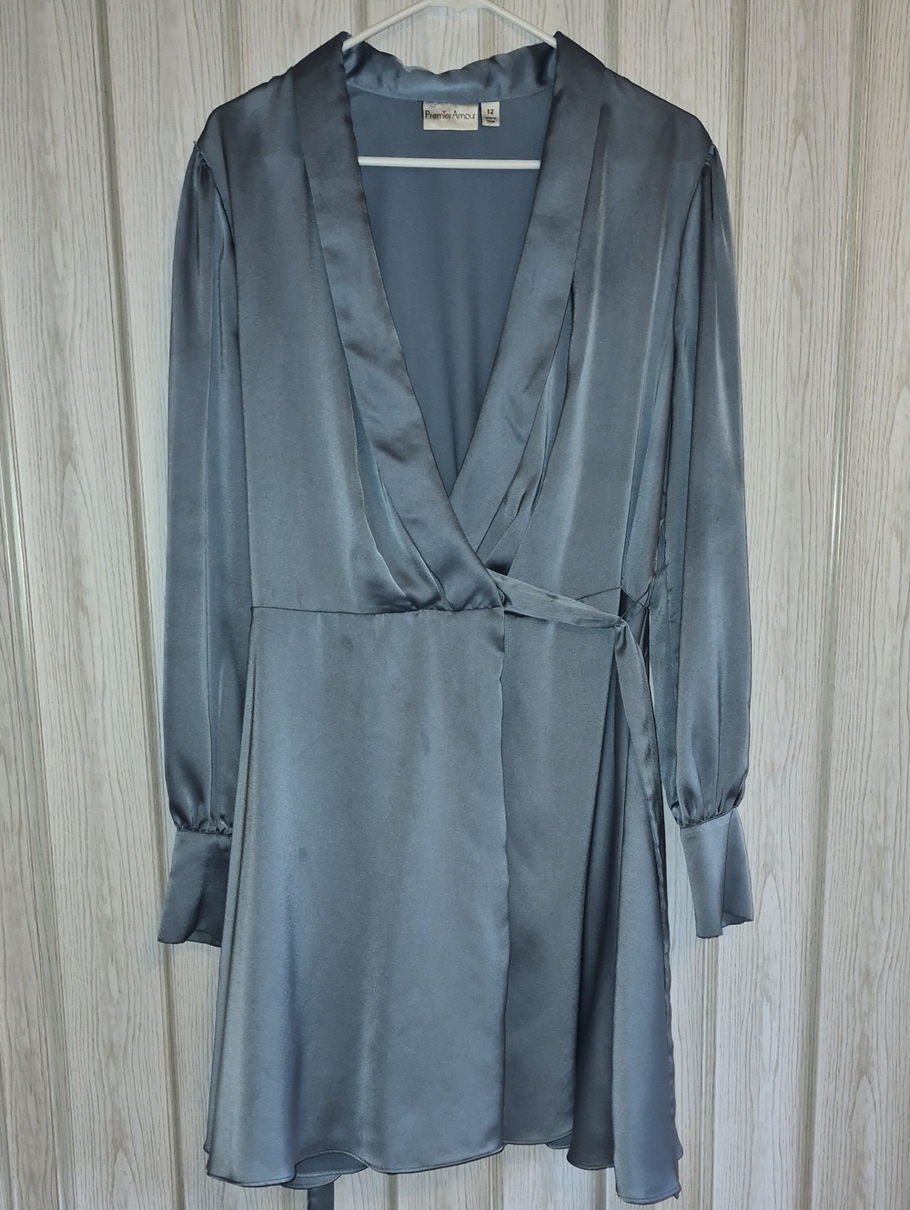 Satin Wrap Long-Sleeve Dress in Slate Gray